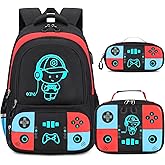 Bevalsa Backpack for School Boys, Cool Luminous Gamer Boys Backpack with Lunch Box & Pencil Pouch Set for Kids Children Teens Elementary Middle Schools, Schoolbag Bookbag Glow In The Dark (Red Blue)