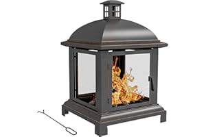 Outsunny 26" Fire Pit with Spark Guard and Poker, Chimney Style Outdoor Wood Firepit, Steel - Black