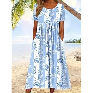 Women Round Neck Short Sleeve Blue Stripe Leaf Print Empire Waist A Line Midi Casual Dress with Side Pockets