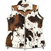 Women's Fuzzy Cow Print Vest Cozy Lightweight Sherpa Fleece Vest for Women Sleeveless Outerwear with Pockets