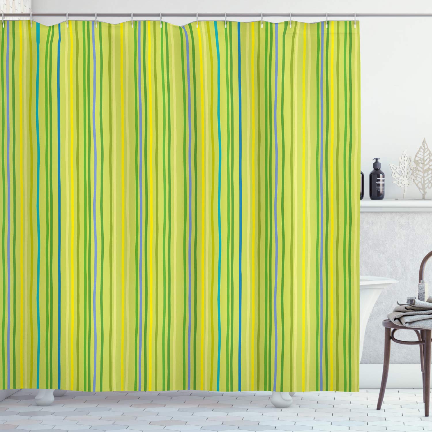 Ambesonne Lime Green Shower Curtain, Pastel Toned Vertical Bands Striped Lines Geometric Soft