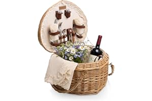 PICNIC TIME Heart Picnic Basket for 2, Wicker Basket with Handle, Complete Deluxe Service for Two, Handwoven and Sturdy Willow Constructed with Fully-lined interior and Accessories, (Antique White)