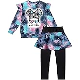 Aulyffo Toddler Girl Clothes,2 Piece Tie Dye Girls Outfits Ruffle Sleeve Graphic Print Top + Skirt Leggings Kids Clothing Set