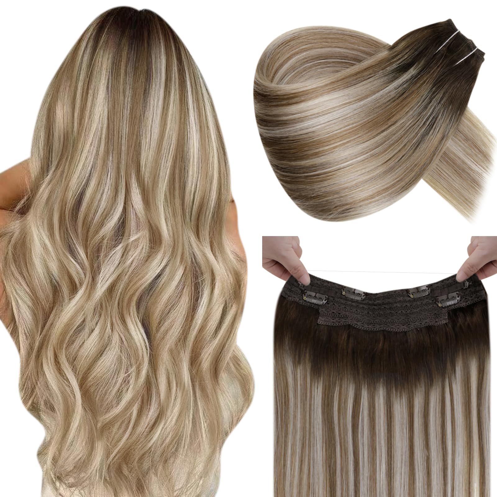 LaaVoo Human Hair Extensions Balayage Dark Brown to Light Brown & Platinum Blonde Real Remy Hair Invisible Wire Undetectable 100% Real Straight Hair Extensions Long-Lasting 80g 18 Inch #3/8/24 — image 1