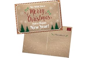 T MARIE 50 Christmas Postcards Bulk - Vintage Happy Holiday and Happy New Year Post Cards Set with Merry Christmas Season’s Greetings Message - Kraft Thank You Notes for Business, Office, Kids and more