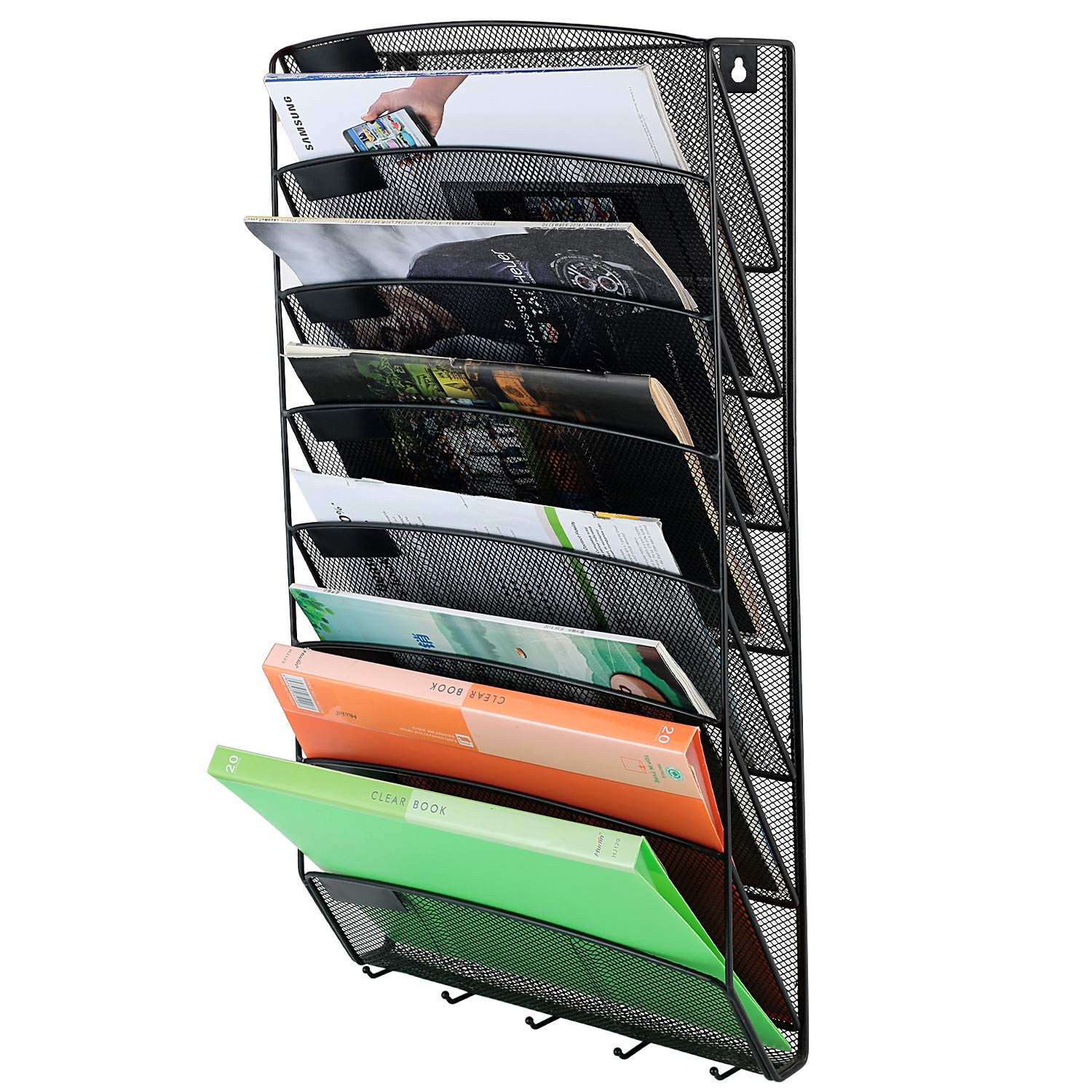 Samstar 8 Pocket Wall File Organizer, Mesh Hanging File Holder Wall Mount Paper Letter Organizer, Magazine Rack, Black