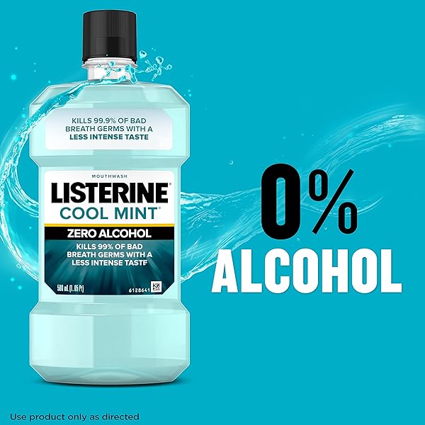 LISTERINE COOL MINT ALCOHOL-FREE MILD MOUTHWASH, ORAL RINSE KILLS 99.9% OF GERMS THAT CAUSE BAD BREATH, LESS INTENSE TASTE, MILD MINT FLAVOR, 3.2 FL. OZ