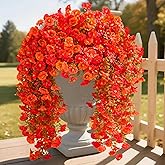 Serwalin 4PCS Artificial Fall Flowers for Outdoors, UV Resistant Fake Silk Artificial Hanging Plants Outdoor for Porch Patio Balcony Outdoor Planter Garden Yard Fall Decor(Orange&Red,4PCS)
