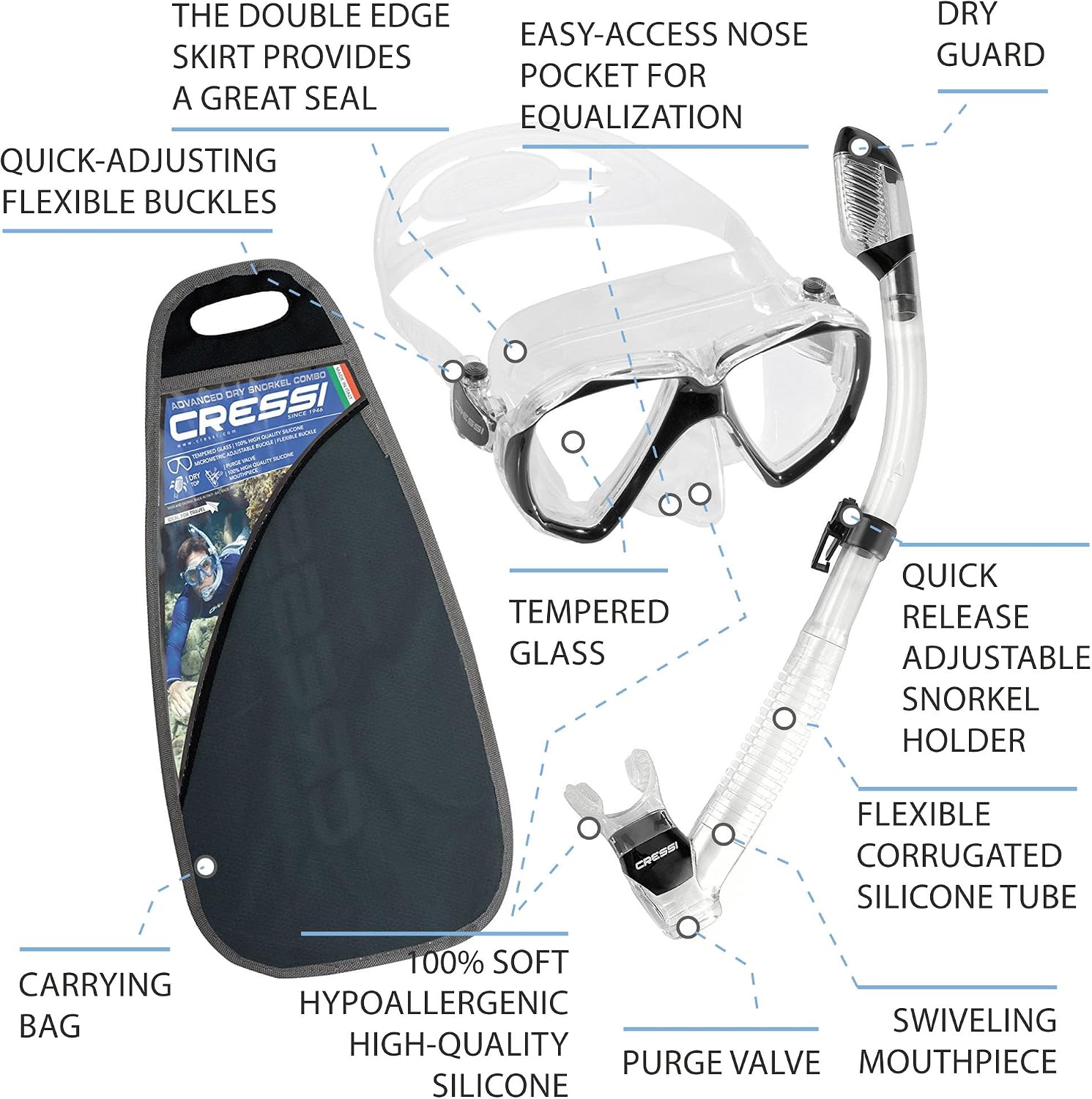 Cressi Set Ranger & Dry - Snorkeling Combo Set for Adults Mask and Snorkel in Practical Case, Black/Yellow, One Size - Image 3