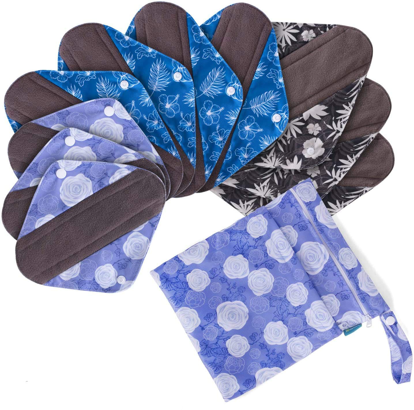 Teamoy Reusable Sanitary Pads(Pack of 10) for Women, with Wet Dry Bag, Washable Bamboo Sanitary Towels (3pcs × 20cm + 4pcs × 25.4cm + 3pcs × 29.5cm)