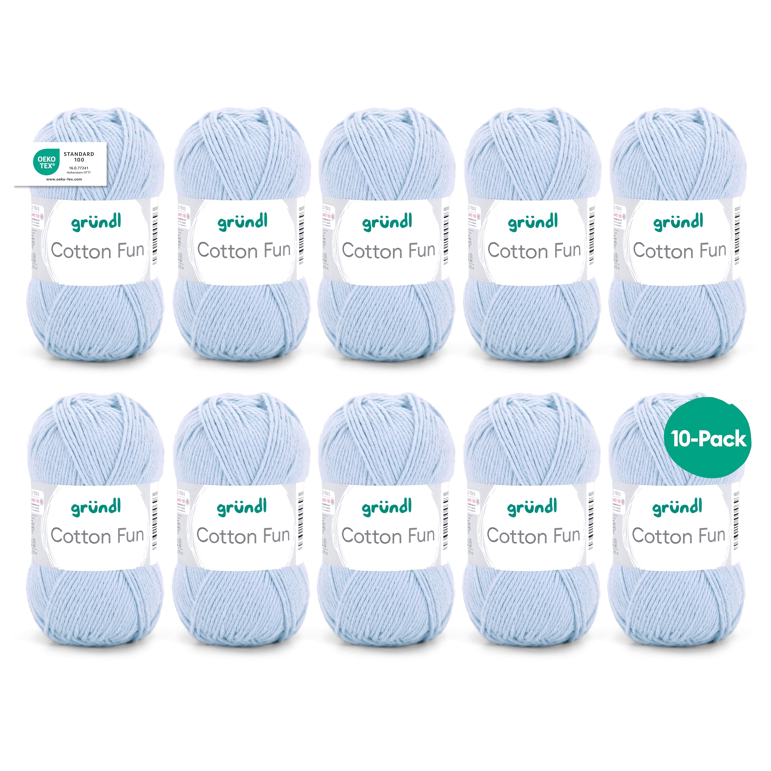 Gründl Cotton Fun Baby Blue Soft 100% Cotton Knitting Yarn Oeko-Tex Certified 50g/115m Needle Size 3-4 - 10 Balls of 50g