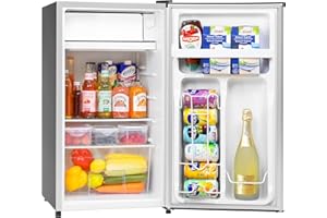 Manastin 3.2 Cu. Ft Mini Fridge with Freezer for Bedroom, Dorm, Office, Compact Refrigerator with Adjustable Thermostat, Removable Glass Shelves and Reversible Door (Silver)