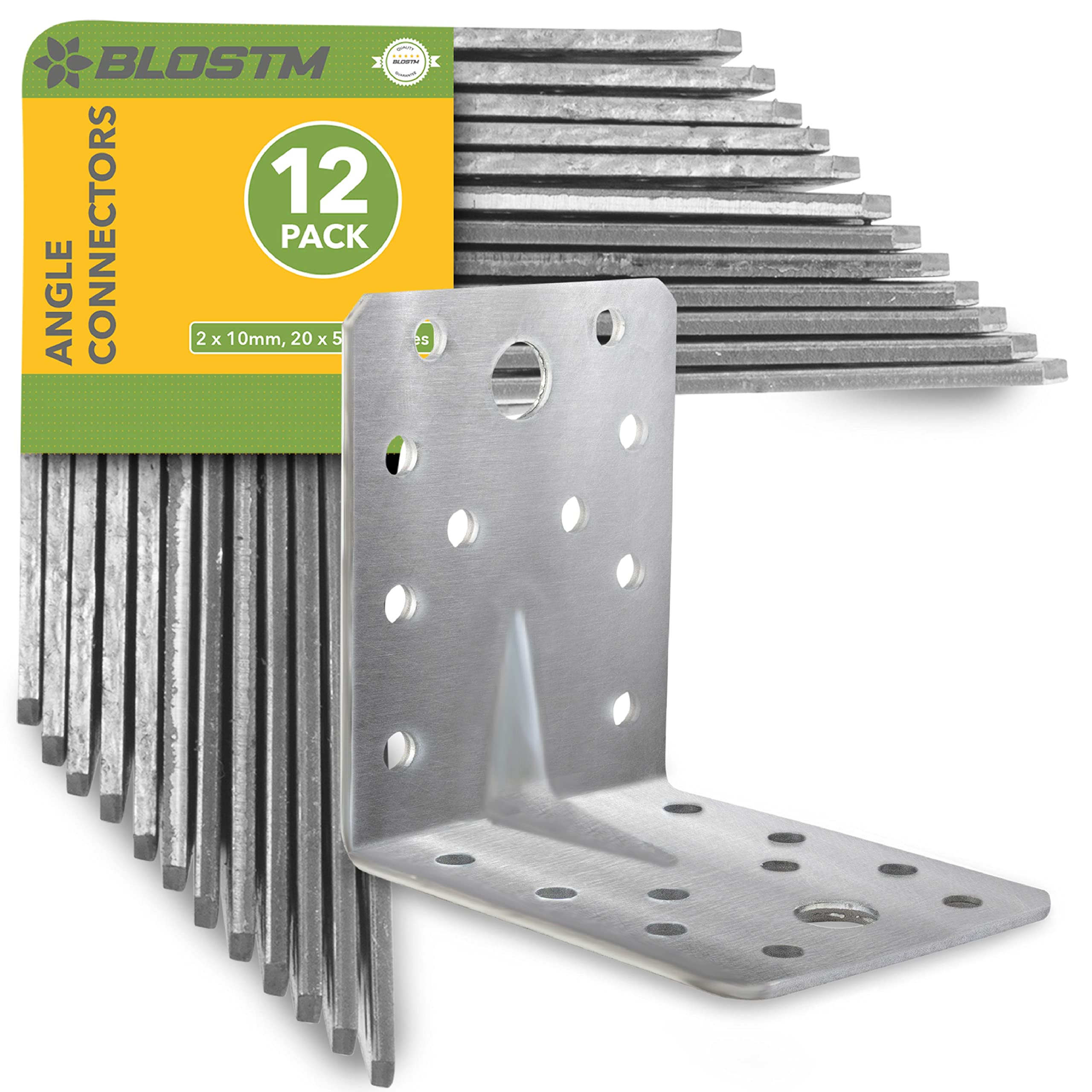 BLOSTM Heavy Duty Angle Brackets 12 PCS - Galvanised Steel L Brackets, Reinforced Right Angle Connectors with Beading, for Wood Work, Steel or Masonry - Corner Bracket Size: 70mm x 70mm x 55mm