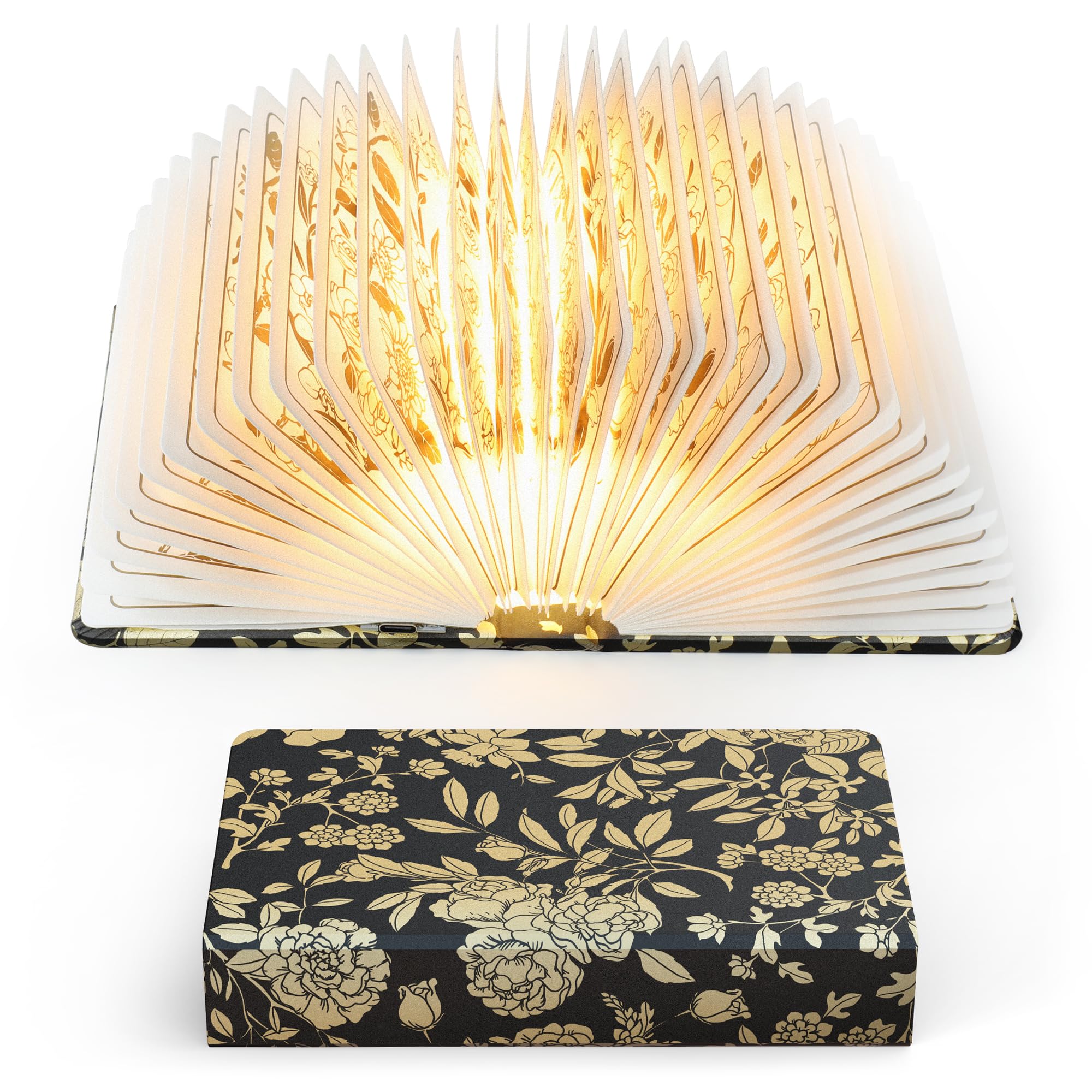 ZBOLE Floral Print Book Light,3-Color Book Lamp Book Lovers Gifts | 1200mAh Portable Foldable Paper Desk Lamp | Night Reading Bookshelf Lamp, Gifts for Women Birthday Ambient Lighting(Black Gold)