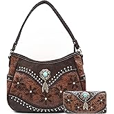 Tooled Leather Floral Laser Cut Flower Feather Purse Studs Country Western Handbag Women Shoulder Bag Trifold Wallet Set