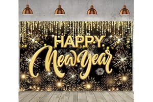 FECEDY Happy New Year Hanging Extra Large Fabric Sign Poster Background Banner with Firework Pattern for New Year Party Decorations