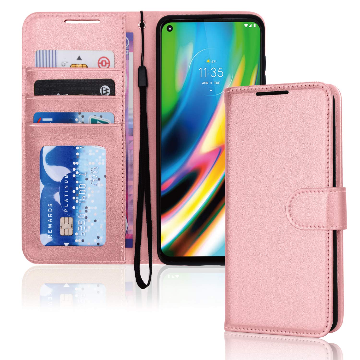 TECHGEAR Moto G9 Plus Leather Wallet Case, Flip Protective Case Cover with Wallet Card Holder, Stand & Wrist Strap, Rose Gold PU Leather with Magnetic Clasp For Motorola Moto G9 Plus