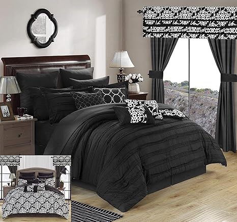 Amazon Com Chic Home Cs1968 An Hailee 24 Piece Comforter Complete Bed In A Bag Sheet Set And Window Treatment Queen Black Home Kitchen