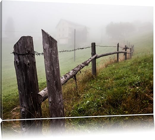 Rustikaler Holzzaun auf Wiese Format: 80x60 auf Leinwand, XXL riesige