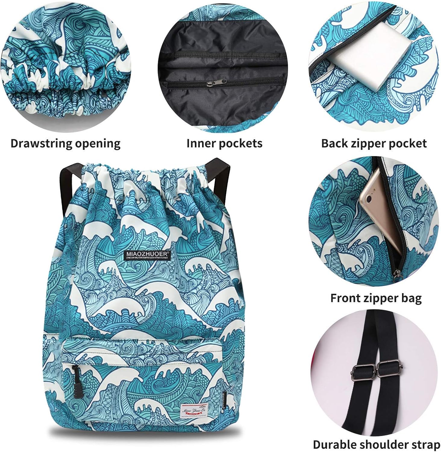 Waterproof Drawstring Bag, Gym Bag Sackpack Sports Backpack for Men Women Girls (50-wave): Clothing