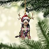 Talataca Aussiedoodle 2D Flat Christmas Ornament, Aussie Poodle Christmas Hat Reindeer String Lights Pine Tree Decor, Hanging House Charm Eve Keepsake, Car Rear View Mirror Accessories, Xmas Gift