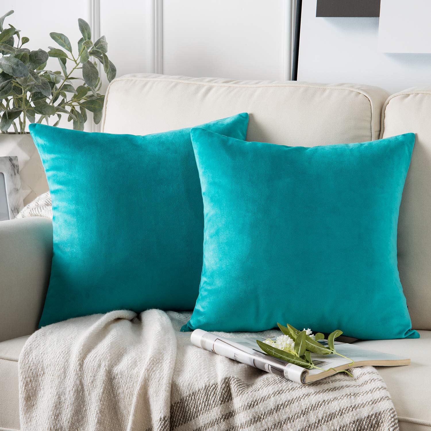 Phantoscope Pack of 2 Velvet Decorative Throw Pillow Covers Soft Solid Square Cushion Case for Couch Lake Blue 20 x 20 inches 50 x 50 cm