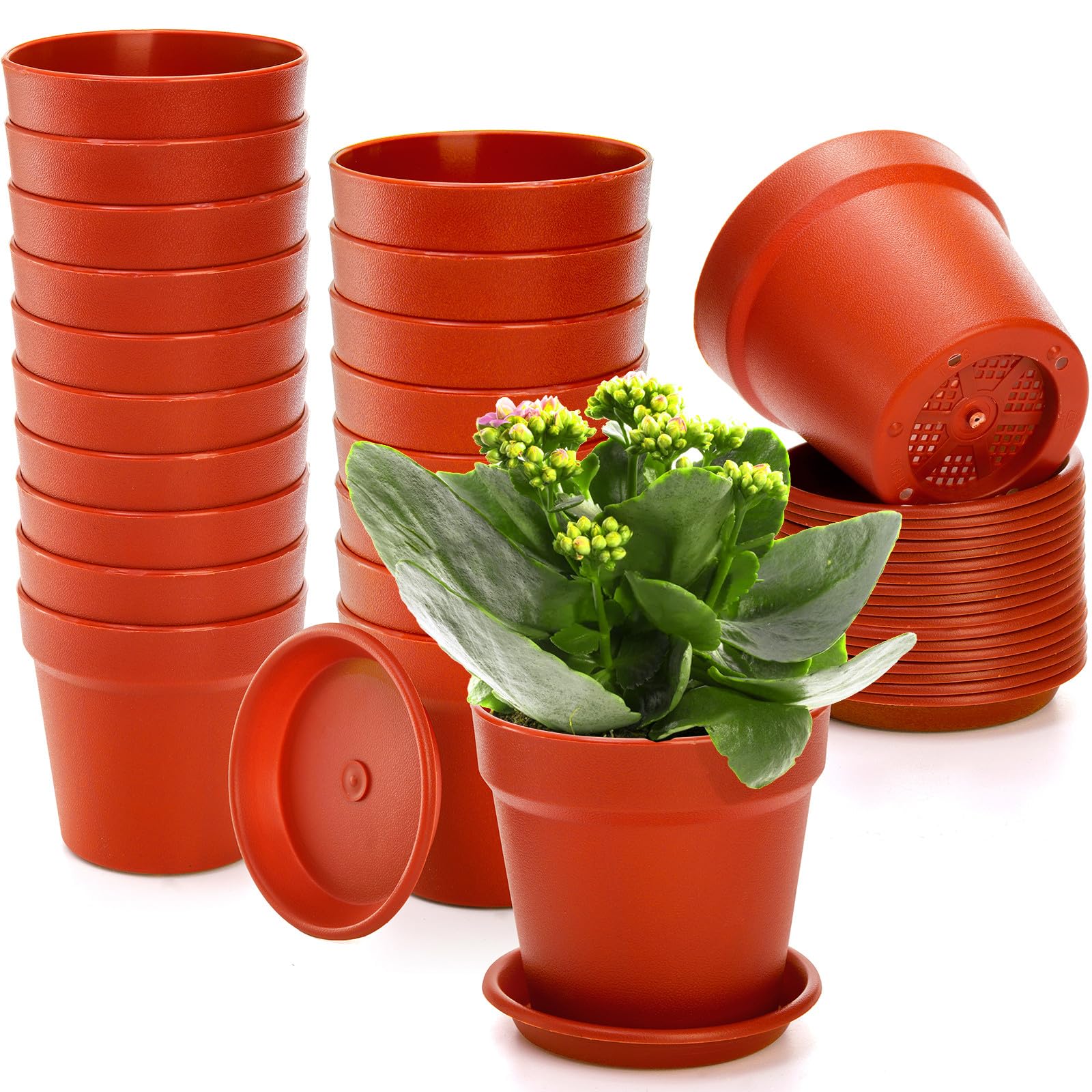 ZOOFOX 20 Pack Plastic Plant Pots, 9cm × 10cm Flower Pots Nursery Pot with Drainage Hole and Tray, Thickened Plastic Plant Container for House Plants, Seedlings, Succulents, Terracotta