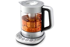 Viante Alba Electric Tea Kettle With Infuser, No Plastic, 1.5L | Borosilicate glass & 304 stainless steel construction. 4 temp presets, keep-warm, cordless, auto shut-off