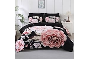 Yogeneg King Size Comforter Set 7 Piece Bed in a Bag Black Bedding Set, Pink Floral Printed on Black Reversible Design,Soft Microfiber Comforter with Sheet Set,All Season Bed Set(Pink Floral,King)