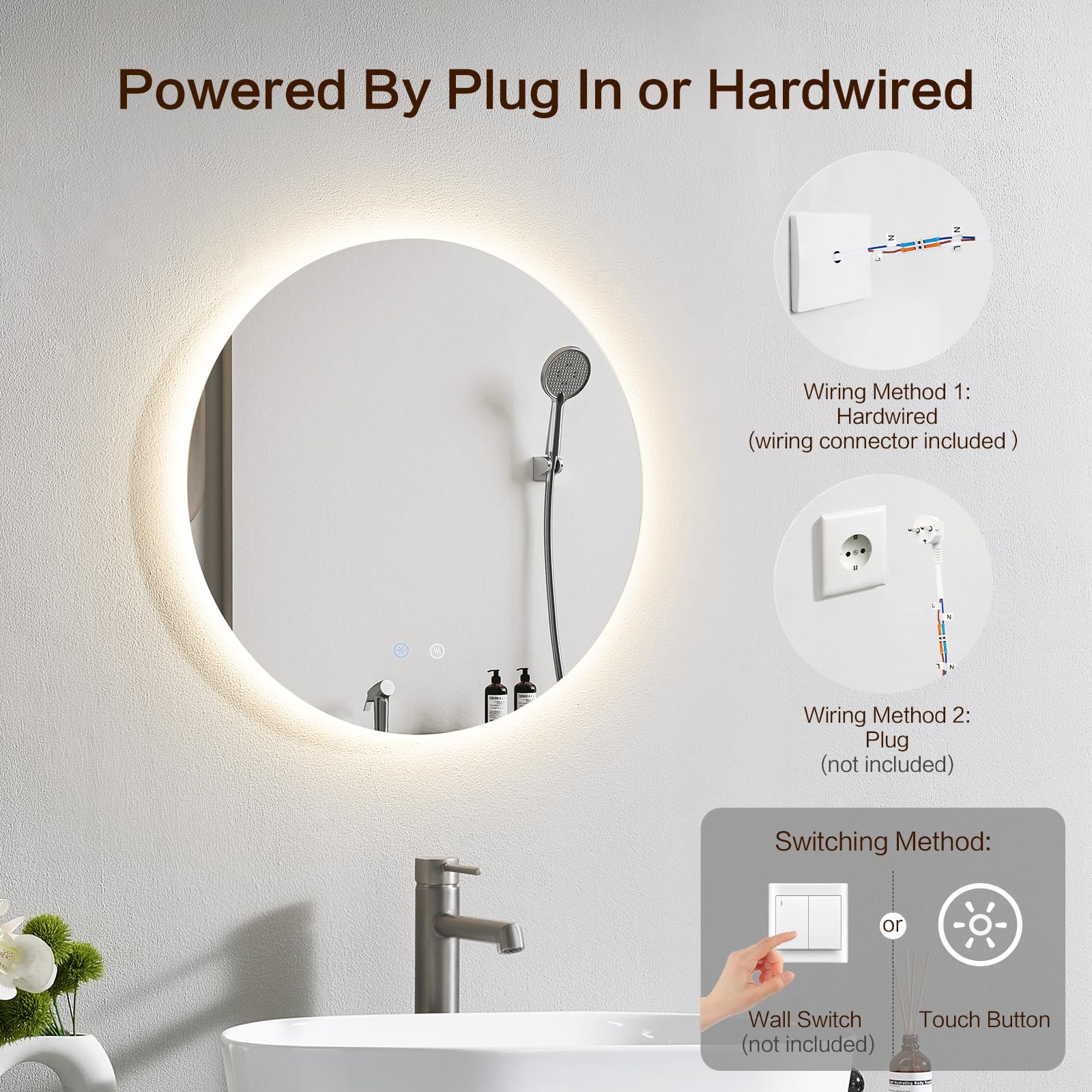 ANNWA Badspiegel mit Beleuchtung Rund, Wandmontage, Touch-Schalter, LED Spiegel mit 3 Lichtfarben Dimmbar, Memory-Funktion, Beschlagfrei, LED Wandspiegel 50x50 cm (NHYJ502D) 5