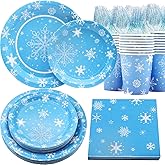 Decodinli Christmas Snowflake Party Supplies Serves 25, Frozen Birthday Party Decorations, Winter Snowflake themed Disposable Plates and Napkins Set, Winter Wonderland Holiday Party Tableware Set