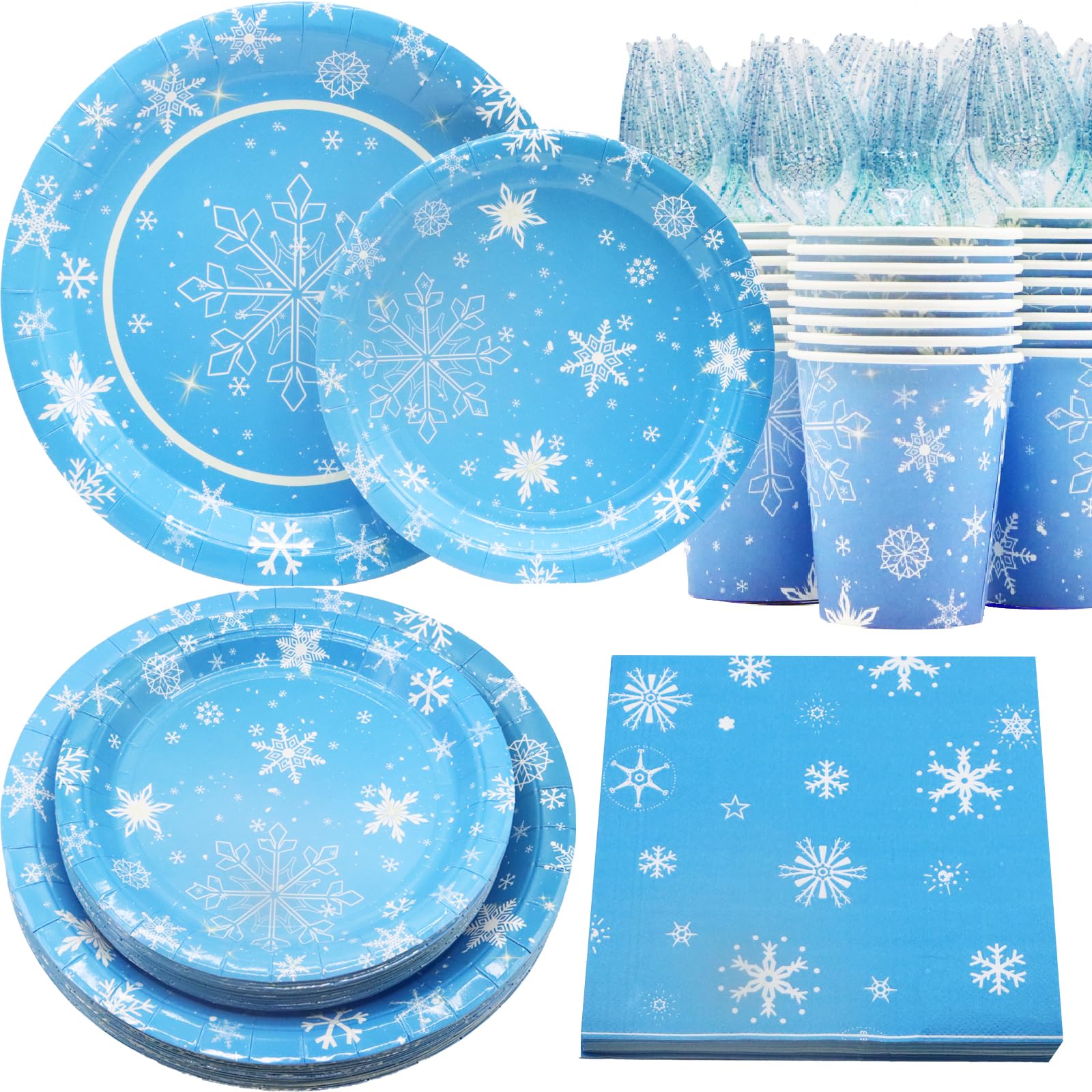 Photo 1 of Decodinli Christmas Snowflake Party Supplies Serves 25, Frozen Birthday Party Decorations, Winter Snowflake themed Disposable Plates and Napkins Set, Winter Wonderland Holiday Party Tableware Set