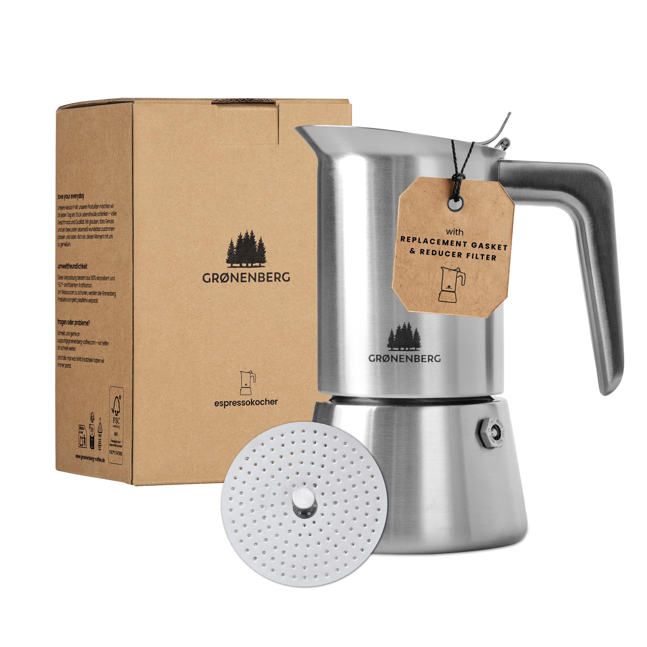 Groenenberg Moka Pot Induction| Espresso maker 4 Cup (200ml) incl. reducer filter I Stainless steel I Stovetop Moka pot + replacement seal