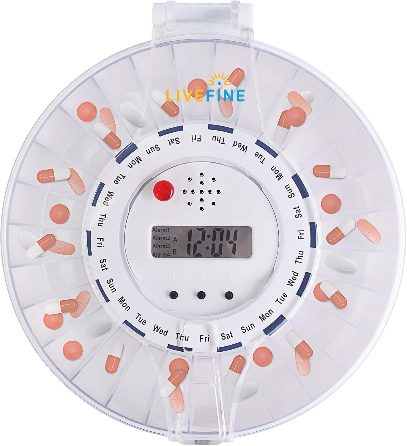 LiveFine Automatic Pill Dispenser, 28-Day Electronic Medication Organizer with Alarm Reminders, Flashing Light and Safety Lock - Dispenses Prescriptions Up to 6 Times Per Day - Clear Lid: Health & Personal Care