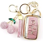Rayslesan Sparkly Key Fob Cover with Cherry Keychain, Bling TPU Smart Key Case for Women, Compatible with Land Rover LR2 LR4 Range Rover Discovery Jaguar XJ XF XK (5-Button, Gold Pink)