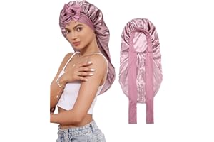 CHLINS Long Bonnet Satin Bonnet for Sleeping Women Double Layer Hair Bonnet Braid Bonnet with Stretchy Tie Band(Bean Paste)