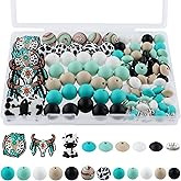 HHCFAST 100PCS Silicone Beads Set, Lentil Rhinestone Spacer Print Silicone Beads 15mm and 12mm for Pens and Keychain Making(Turquoise Cow)