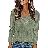 PRETTYGARDEN Women's Long Sleeve Shirts 2026 Fall Fashion Clothes Ribbed V Neck Spring Loose Tunic Tops Lightweight Sweaters