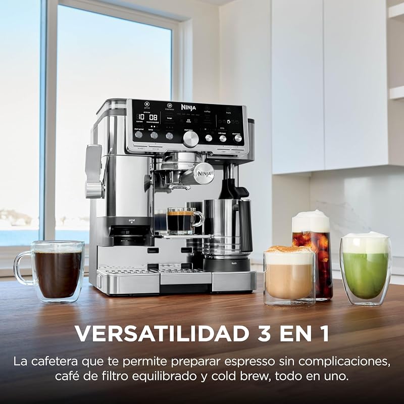 Luxe Pro, Cafetera 3 en 1, con Molinillo y Espumador, Plata
