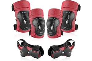 NHH Adult & Kids Knee Pads Elbow Pads Wrist Guards for Kids Youth Adultds Men and Women 6 in 1 Protective Gear Set for Skateboarding, Skating, Roller Skating and Multi-Sports (Red, Medium)