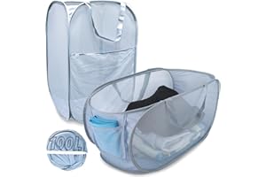 NAIRSNOW 100L Foldable Laundry Baskets 2 Pack, Extra Large Mesh Pop Up Laundry Hamper, Dirty Clothes Hamper with Pocket, Pop-up Hampers for Laundry Travel. Dorm or Home Portable Laundry Baskets.Grey H+V