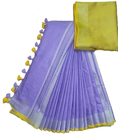 Women's Jivika Linen Slub Saree with Contrast Blouse (Wallet Yellow)