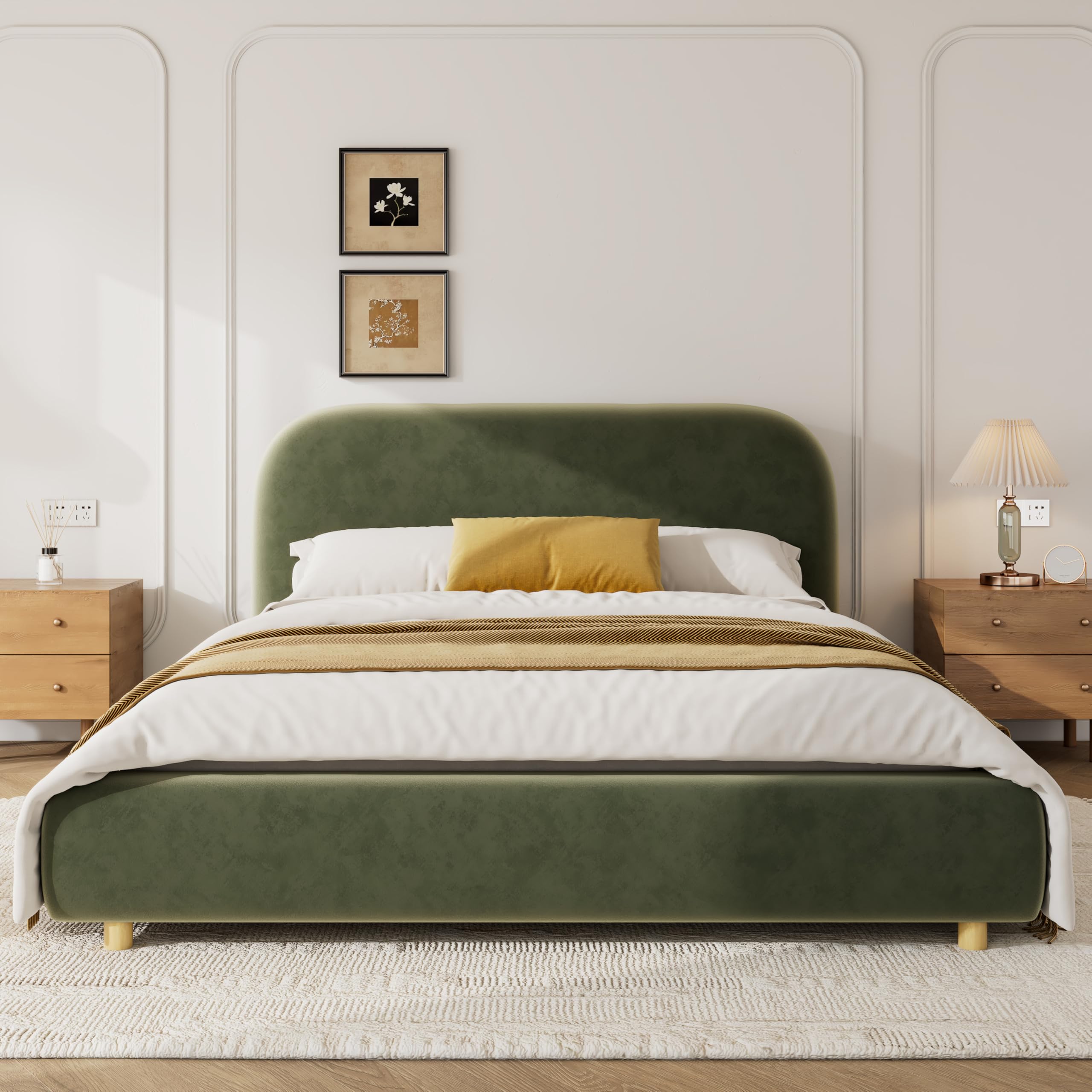 View 1 of Set 1/2*****Christopher Knight Home Hazel Queen Size Platform Bed, Velvet Fabric Headboard and Bed Frame, Upholstered Curve-Shaped Queen Headboard, Wooden Slats Panel Support, Easy Assembly, Olive Green