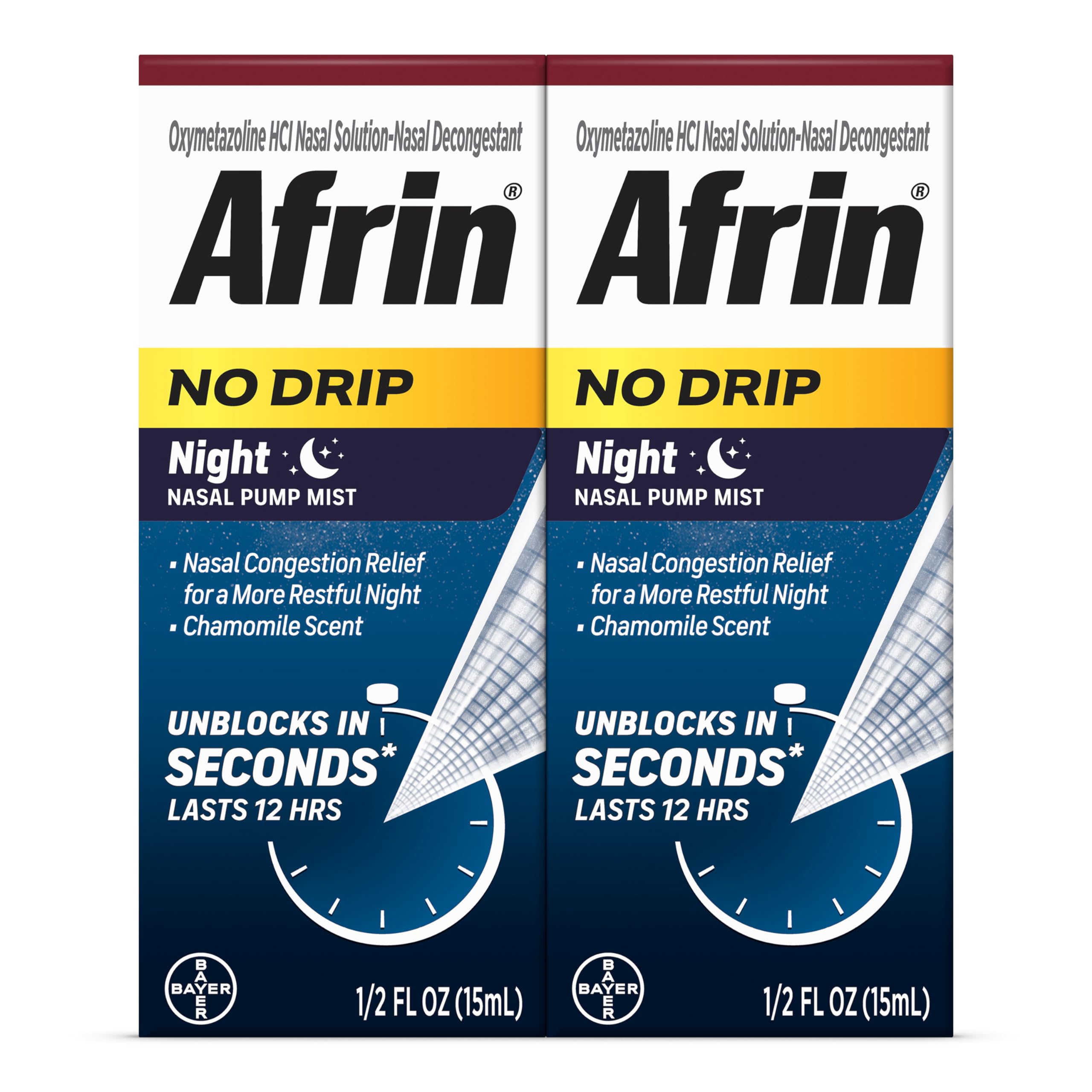 AFRIN No Drip Night Nasal Mist Twin Pack, Non-Drowsy, Fast-Acting Decongestant for Restful Sleep with Chamomile Scent, Adults and Children 6 and Older, .5 fl oz (Pack of 2)