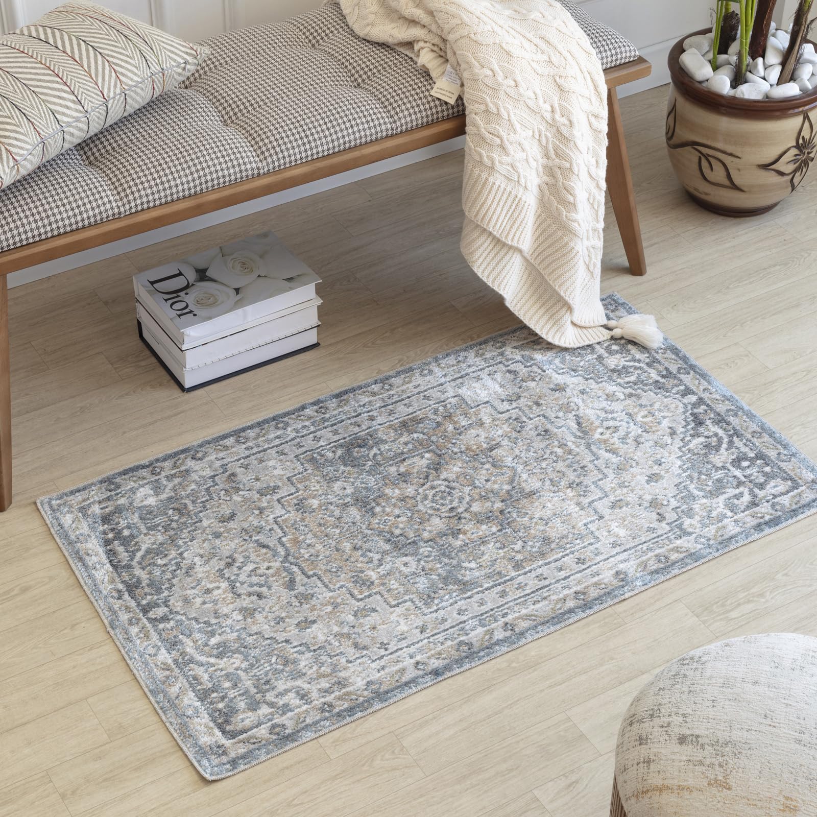 Livabliss Sitra Machine Washable - Vintage Runner Living Room, 66x115 cm - Traditional Boho Style, Dining Room, Kitchen, Outdoor, Hallway - Blue, Beige, Off white and Grey