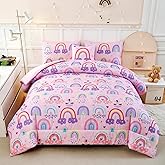 ANGIYUIN Colorful Rainbow Twin Size Comforter Set for Girls Cartoon Clouds Love Hearts Bedding Set with Sheets 6Pcs Kids Bed in A Bag, Pink, Twin