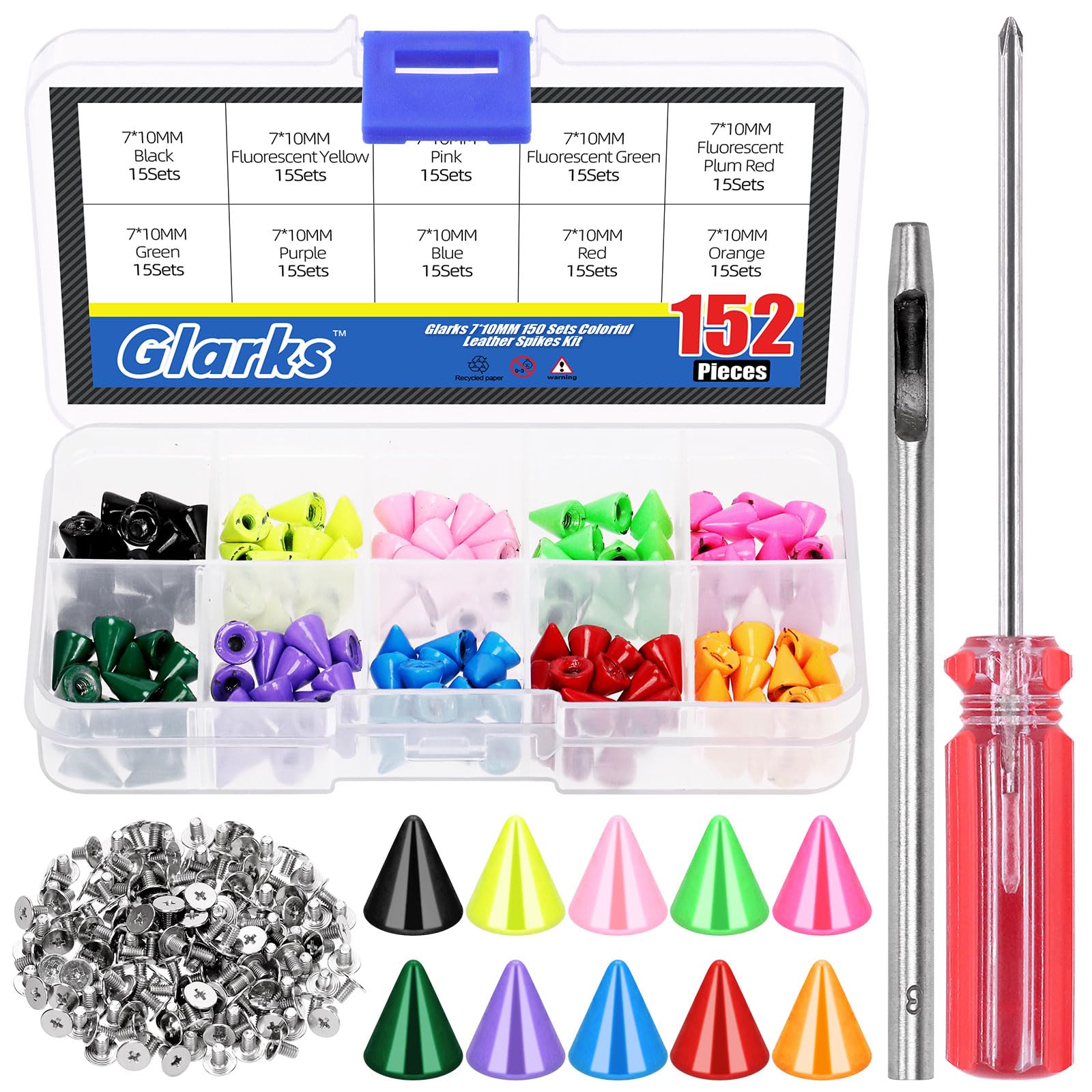 Glarks 150 Sets Colorful Cone Spikes Studs Kit, 10mm Punk Bullet Cone Studs and Spikes, Leather Metal Tree Screw Back Rivets for Leather Craft Clothing Shoes Belts Bags Pet Collars DIY Accessories