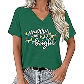 VQD Womens Christmas Shirts Merry and Bright Tshirt Christmas Lights V Neck Tee Shirt