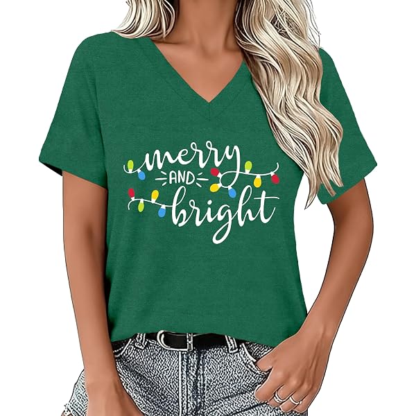 Women's Christmas Crew Shirt - Merry And Bright Lights Print, Short Sleeve Holiday Tee, Plus Size Available