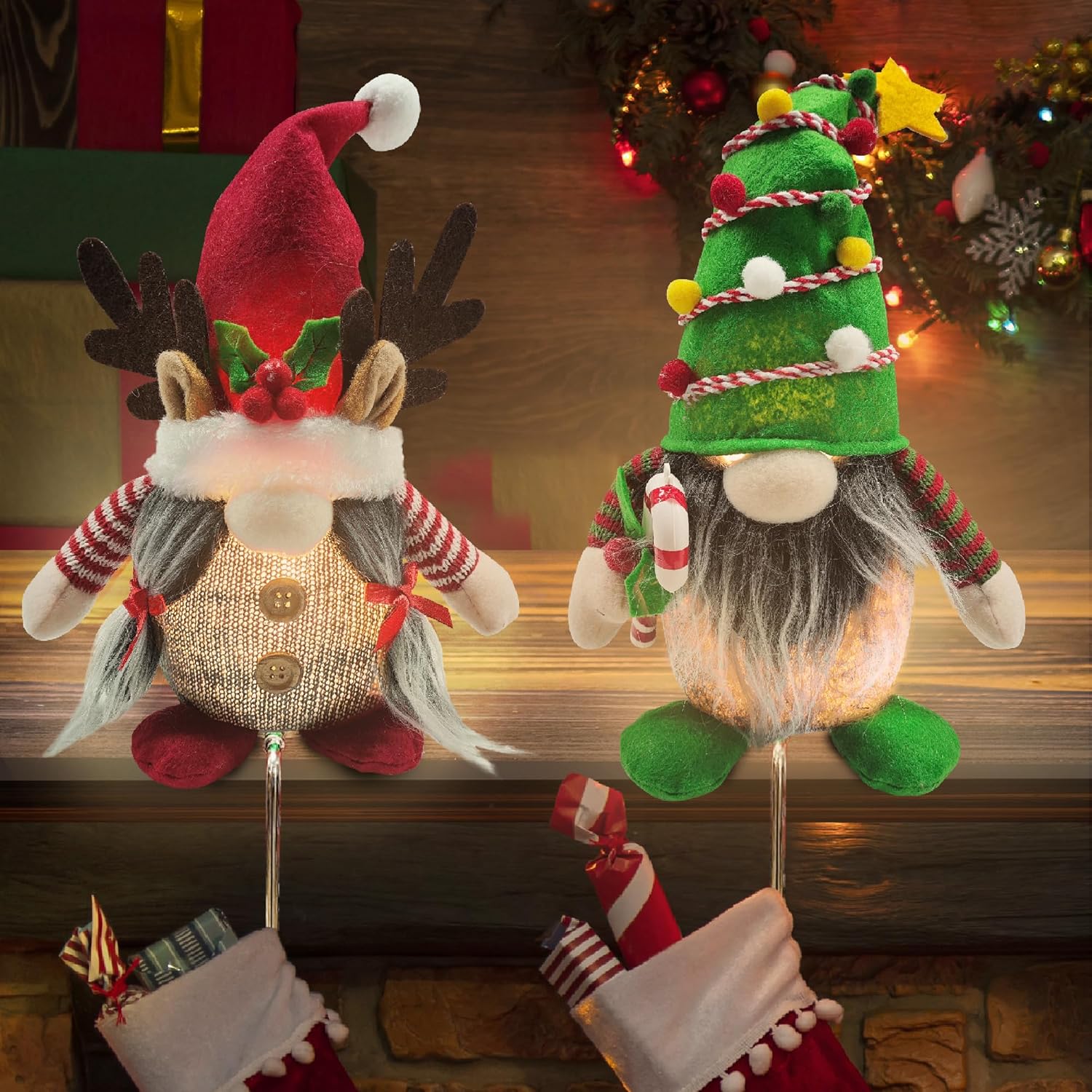 Stockings & Holders - Christmas Stocking Holders for Mantle, 2 Pack Christmas Mantle Gnome Reindeer Decor with Lights, Christmas Decorations for Home Indoor, Stocking Hangers for Fireplace Christmas Decoraions